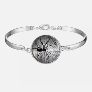 New Spider Spiderweb Glass Cabochon Silver Bracelet.